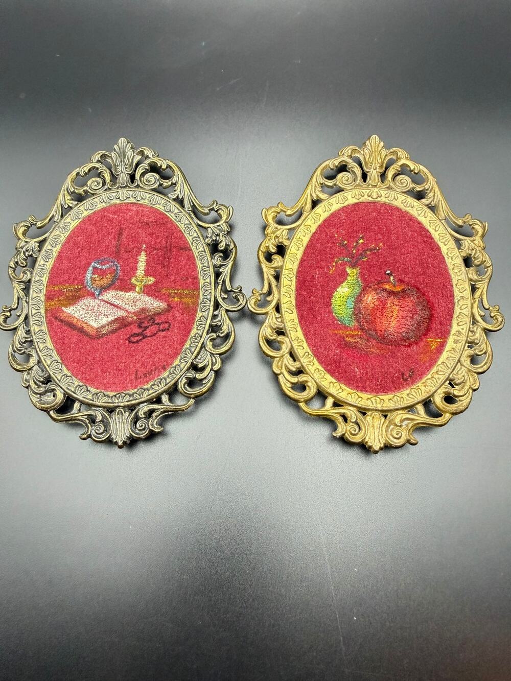 Pair of Vintage Miniature Oval Framed Velvet Art Made in Italy